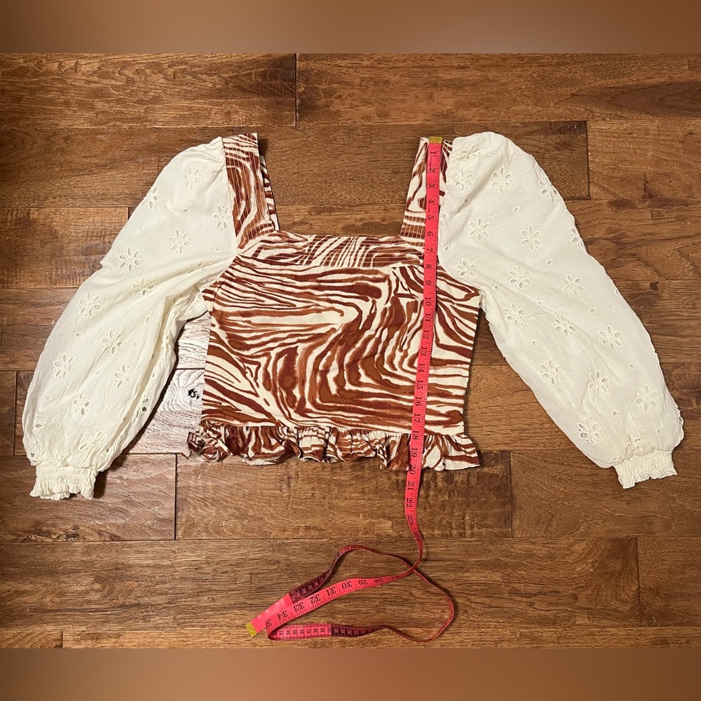 Anthro. Love the Label Smocked Zebra Blouse with Eyelet Puff Sleeves, M - Picture 13 of 15